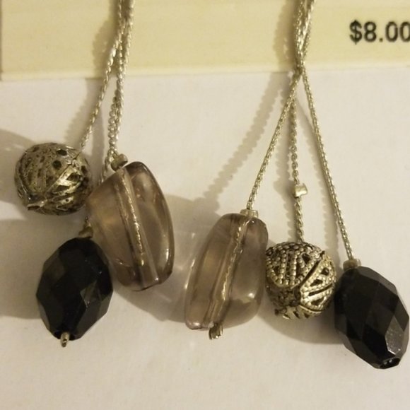Silver black beads on silver chains earrings - Picture 2 of 2